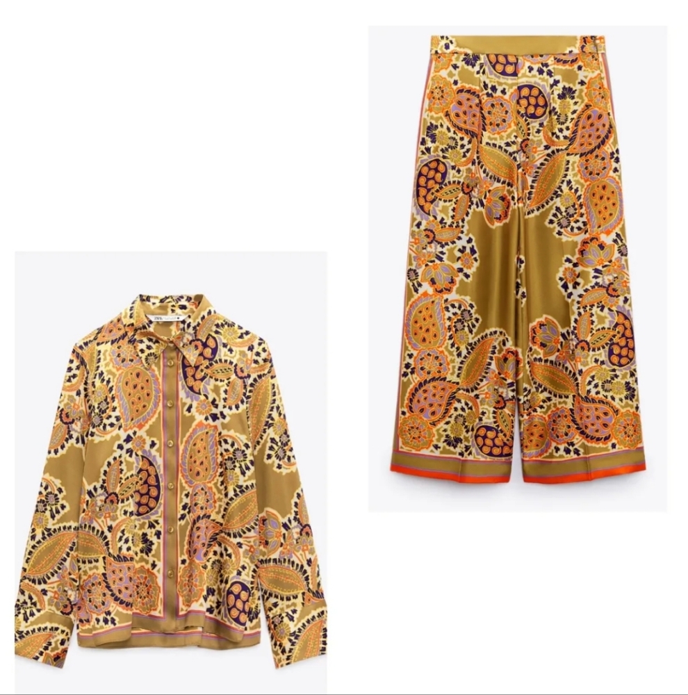 Zara Everything's Golden Paisley Print Satin Set